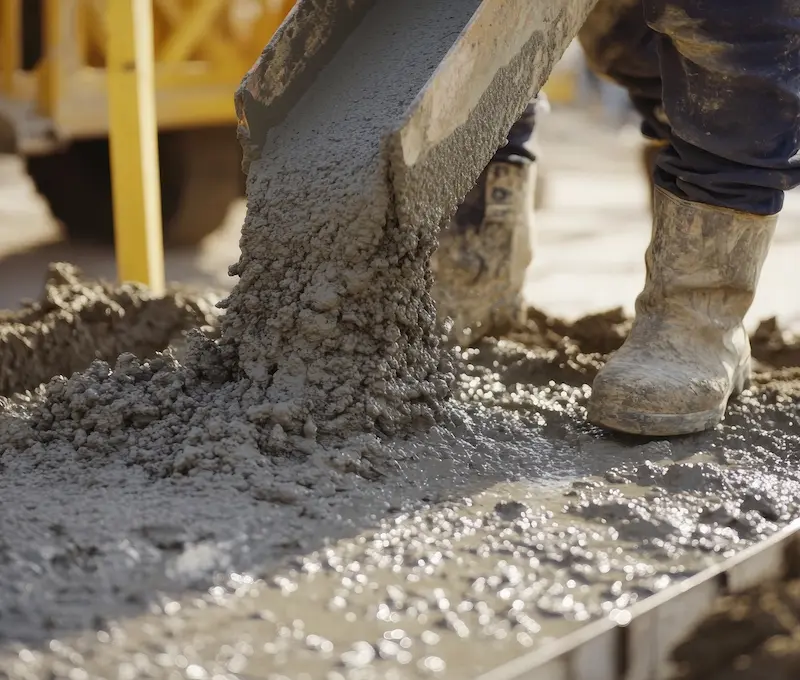 A boot standing next to a concrete chute pouring concrete.